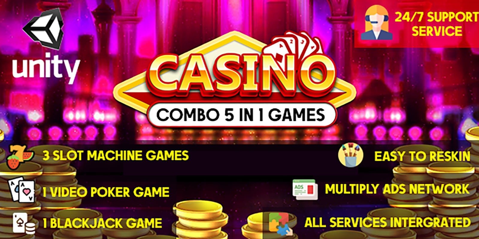 Combo Casino Games – 5 In 1 Unity Games SellUnitySourceCode