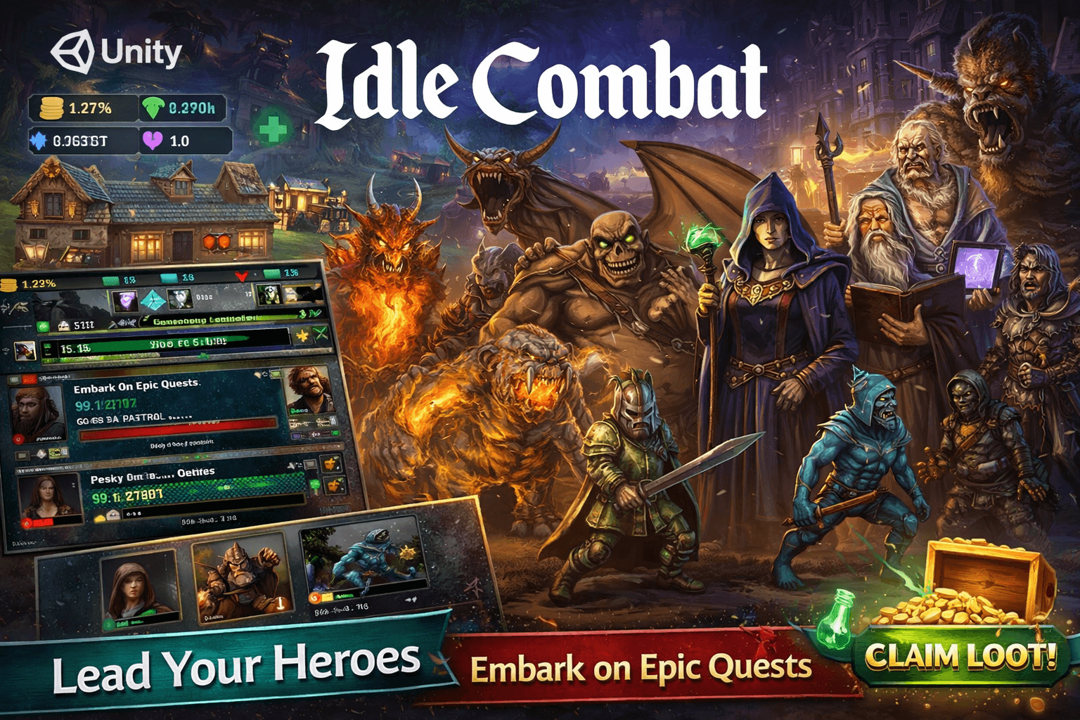 Idle Combat: Incremental RPG Unity Source Code – Guild & Village Builder