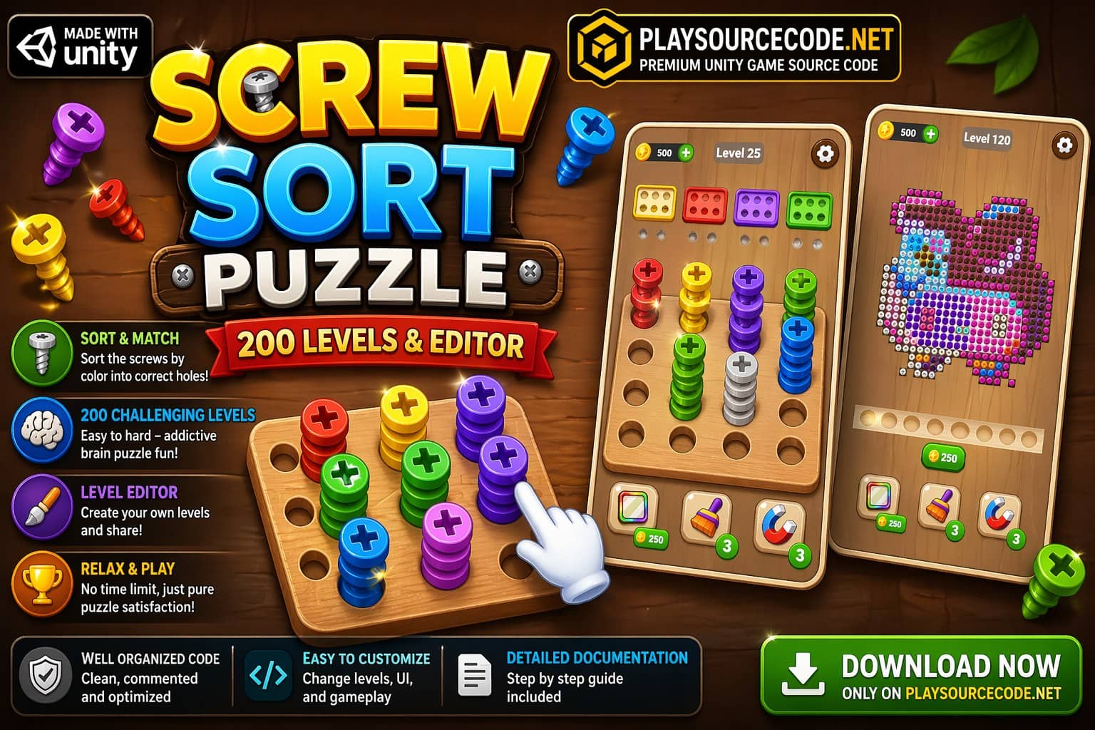 Screw Sort Puzzle - 200 Levels + Editor