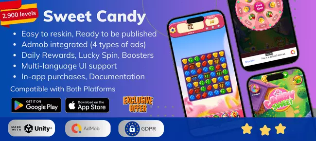 Sweet Candy Match 3 Game SellUnitySourceCode 